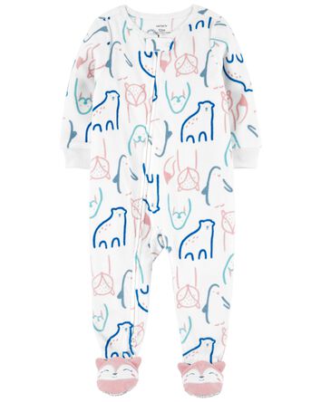 1-Piece Fleece  Animal Print White Footed Pyjama, 