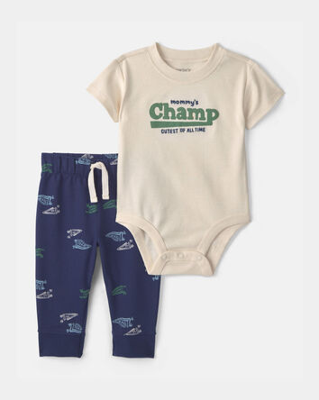 Baby Boy 2-Piece 'Mommy's Champ' Pennant French Terry Bodysuit & Pant Set - Blue/Ivory, 