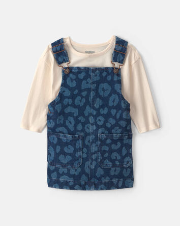 Baby Girl 2-Piece Leopard Denim Long-Sleeve Overall Set - Dark Wash, 