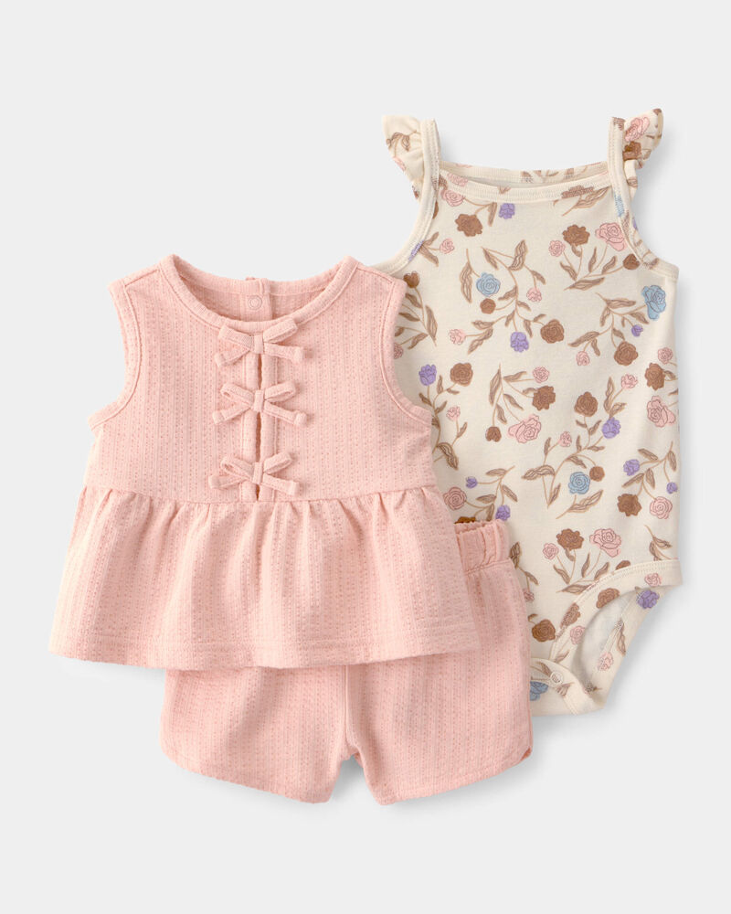Baby Girl 3-Piece Striped Top & Short Set - Pink/Beige, image 1 of 4 slides