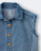 Toddler Girl Sleeveless Button-Down Top in Chambray, image 5 of 5 slides