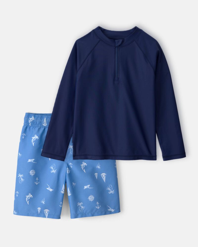 Boys 2-Piece Long-Sleeve Rashguard & Sailboat Swim Trunks Set - Blue, image 1 of 7 slides