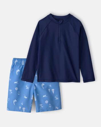 Boys 2-Piece Long-Sleeve Rashguard & Sailboat Swim Trunks Set - Blue, 