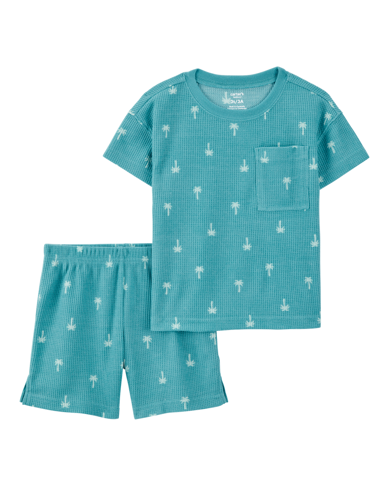 Toddler Palm Tree Print Loose Fit Waffle Knit 2-Piece Pyjamas - Turquoise, image 1 of 3 slides