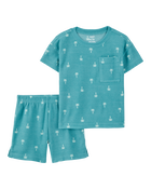 Toddler Palm Tree Print Loose Fit Waffle Knit 2-Piece Pyjamas - Turquoise, image 1 of 3 slides