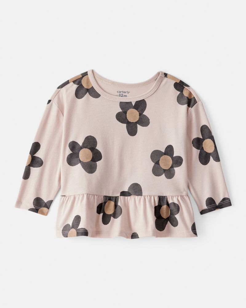 Baby Girl Floral Long-Sleeve Peplum Top - Brown, image 1 of 3 slides