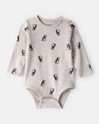 Baby Penguin Print Long-Sleeve Graphic Bodysuit - Grey, image 1 of 3 slides