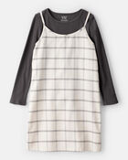 Girls 2-Piece Plaid Long-Sleeve Dress Set - White, image 1 of 6 slides