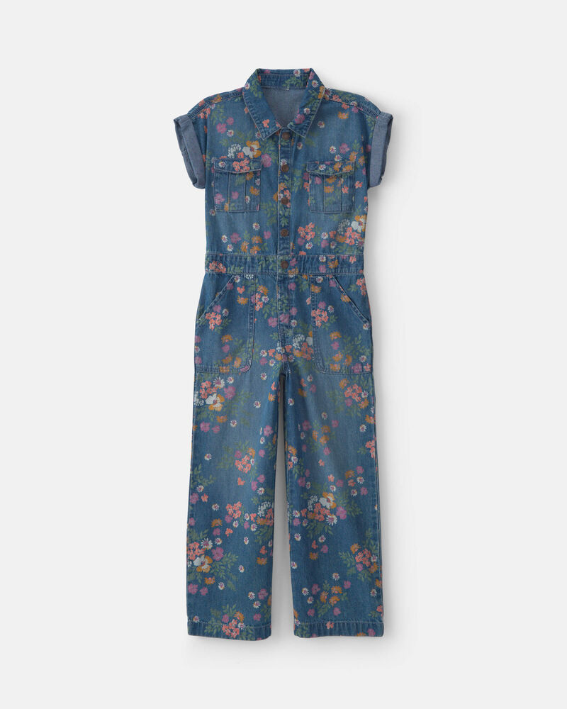 Girls Floral Denim Short-Sleeve Jumpsuit - Dark Wash, image 1 of 7 slides