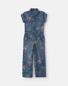 Girls Floral Denim Short-Sleeve Jumpsuit - Dark Wash, image 1 of 7 slides