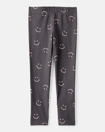 Filles - Legging extensible à enfiler en coton avec imprimé Smiley Face – Noir, 