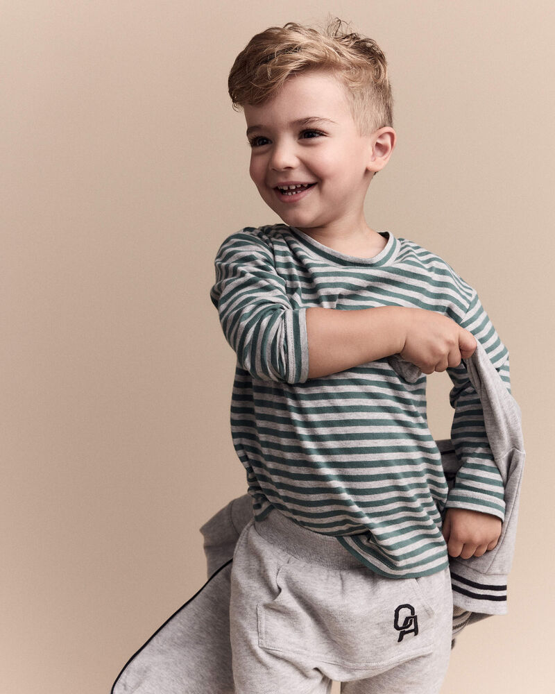 Toddler Striped Long-Sleeve Relaxed Tee - Green/Heather Grey, image 4 of 7 slides