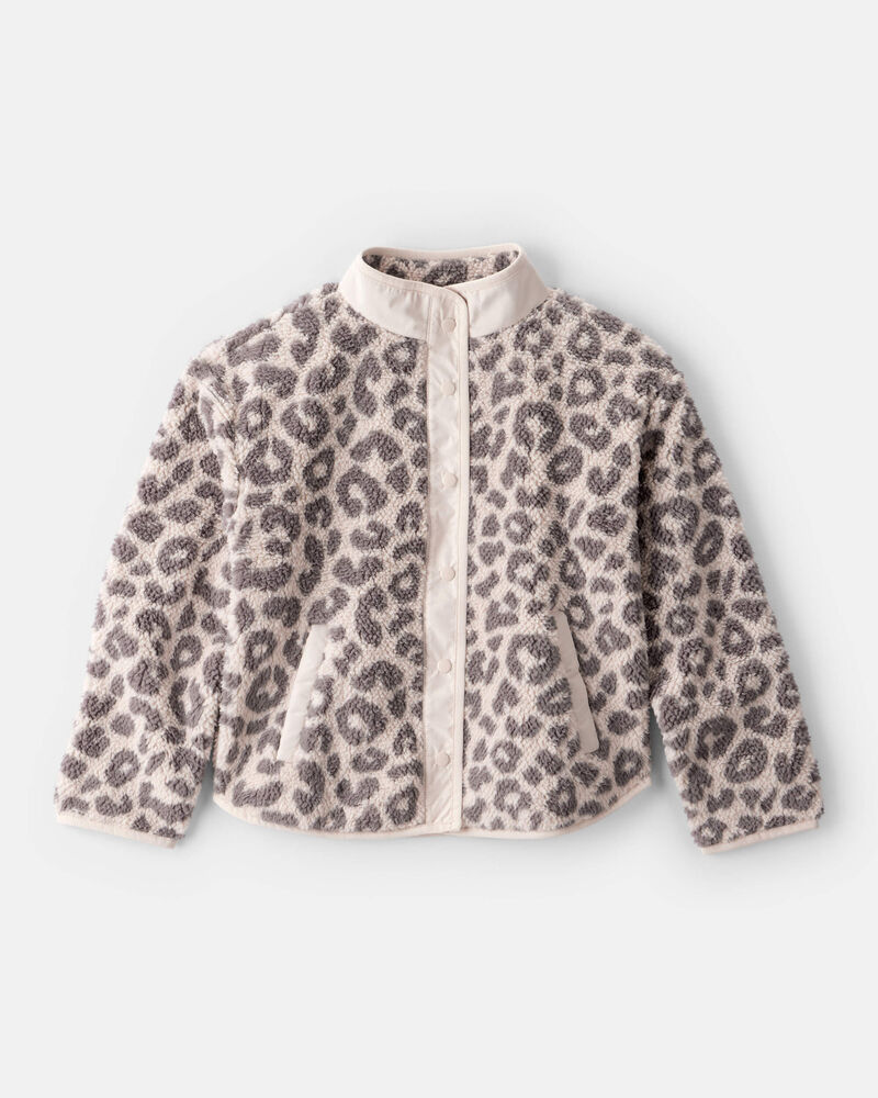 Girls Leopard Print Long-Sleeve Sherpa Jacket - Brown, image 1 of 3 slides