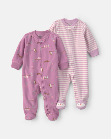 Baby Girl 2-Pack Birds Striped Fleece 2-Way Zip Sleepers - Pink, 