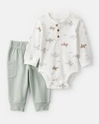 Baby Boy 2-Piece Airplane Thermal Bodysuit & Jogger Set - Green/White, image 1 of 6 slides
