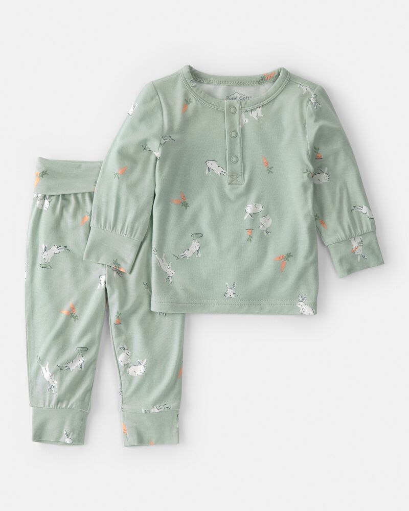 Baby 2-Piece Bunny Long-Sleeve Top & Pant Set - Green, image 1 of 5 slides