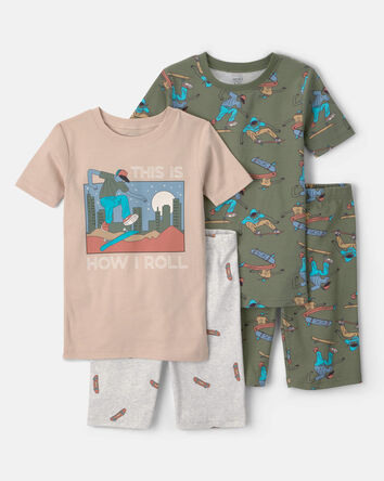 Boys Skateboard Cotton Short-Sleeve Snug Fit 4-Piece pyjama Set - Green/Brown, 