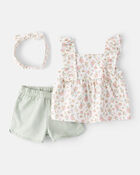 Baby Girl 3-Piece Top & Short Set - Green, image 1 of 4 slides