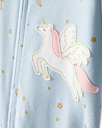 B&eacute;b&eacute; fille - Pyjama une pi&egrave;ce &agrave; manches longues en coton 100 % avec imprim&eacute; &eacute;toile licorne - Bleu, fermeture &eacute;clair &agrave; double sens, 