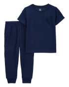 Tout-petit garçon - Pyjama 2 pièces décontracté en tricot gaufré de couleur unie - Bleu marine, image 1 sur 4 diapositives