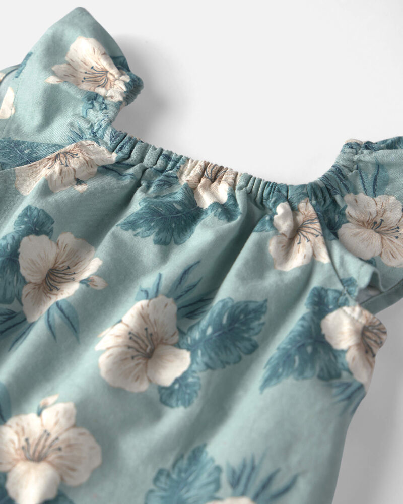 B&eacute;b&eacute; fille - Ensemble 2 pi&egrave;ces haut et short en chambray avec coton biologique &agrave; motif hibiscus - Bleu, image 3 sur 4 diapositives