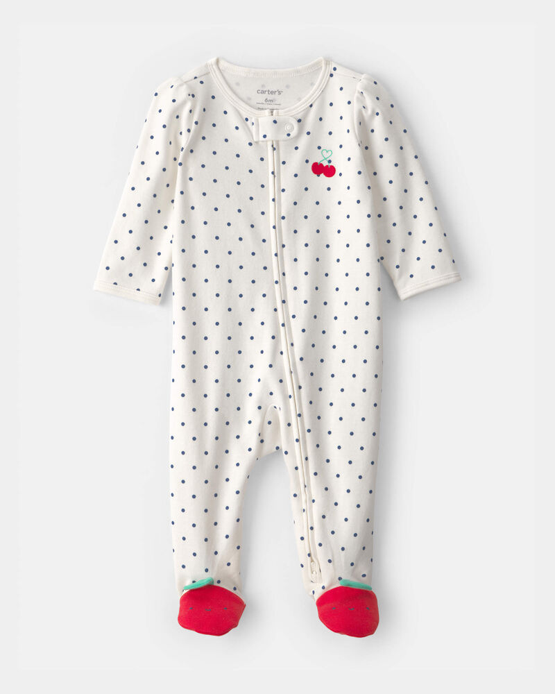 Baby Girl Cherry 2-Way Zip 100% Cotton Sleeper - White, image 1 of 6 slides