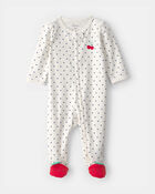 Baby Girl Cherry 2-Way Zip 100% Cotton Sleeper - White, image 1 of 6 slides