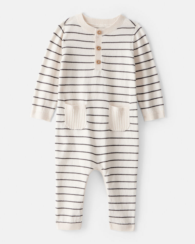 Baby Boy Striped Cotton Long-Sleeve Jumpsuit - White, image 1 of 5 slides