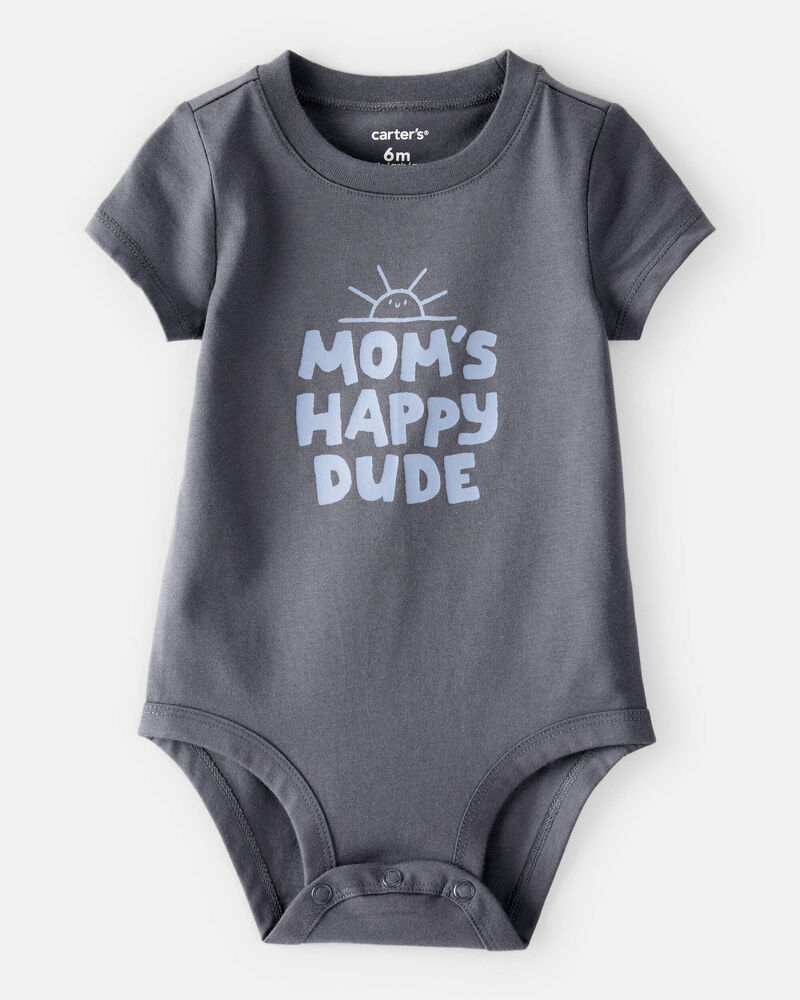 Baby Boy 'Mom's Happy Dude" Short-Sleeve Graphic Bodysuit - Grey, image 1 of 2 slides