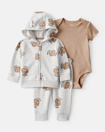 Baby Boy 3-Piece 'Feeling Salty' Pretzel Jacket Outfit Set - Grey/Brown, 