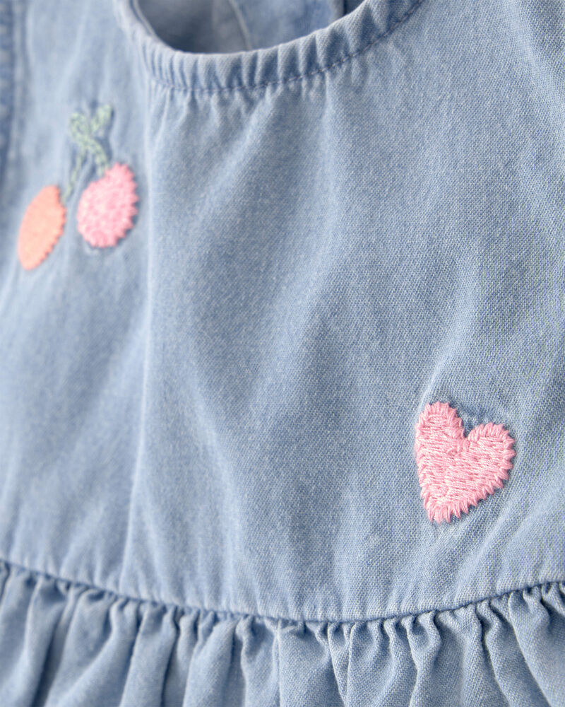B&eacute;b&eacute; fille - Ensemble 3 pi&egrave;ces haut sans manches en chambray &agrave; motif de cerises, cache-couche et short - Rose/Bleu, image 2 sur 5 diapositives