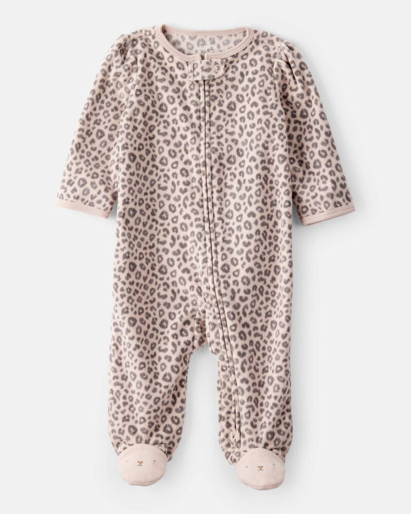 Baby Girl Leopard Print Loose Fit Long-Sleeve Sleeper - Cream/Brown, image 1 of 5 slides