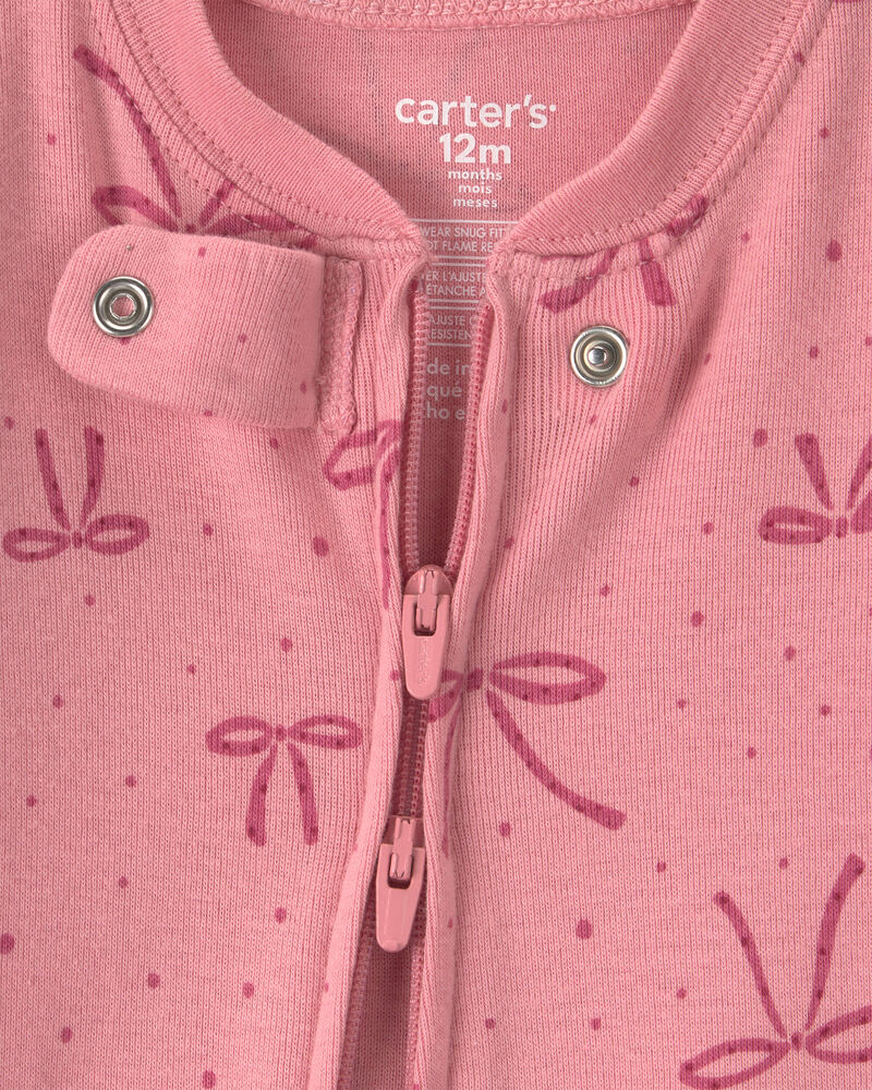 Baby Girl 1-Piece Bows 2-Way Zip 100% Cotton Snug Fit Pyjama - Pink, image 3 of 6 slides