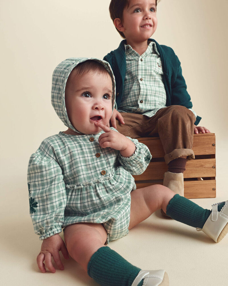 Chemise boutonn&eacute;e en flanelle &agrave; carreaux et motif chien pour tout-petit - Vert/Blanc, image 4 sur 5 diapositives