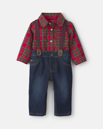 Baby Boy 2-Piece Plaid Denim Long-Sleeve Bodysuit & Suspender Pant Set - Red/Indigo, 