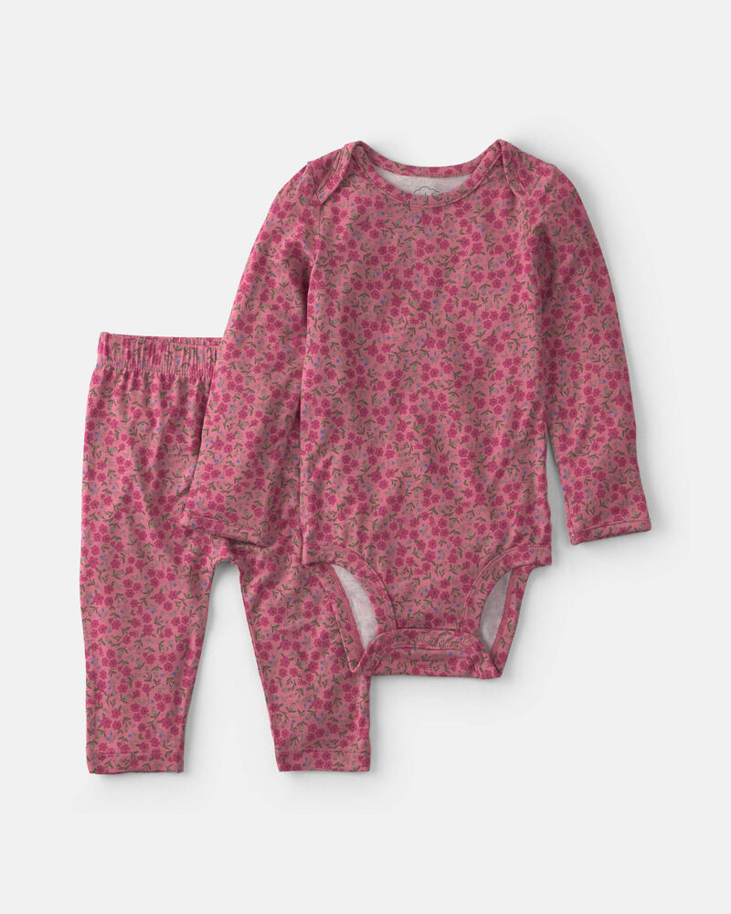 B&eacute;b&eacute; fille - Ensemble 2 pi&egrave;ces PurelySoft cache-couche manches longues et pantalon &agrave; motif floral &ndash; Rose, image 1 sur 4 diapositives