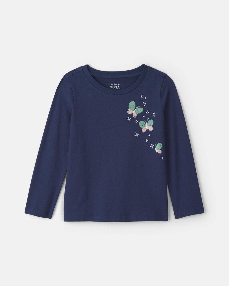 Toddler Girl Butterfly Floral Long-Sleeve Graphic Tee - Navy Blue, image 1 of 3 slides
