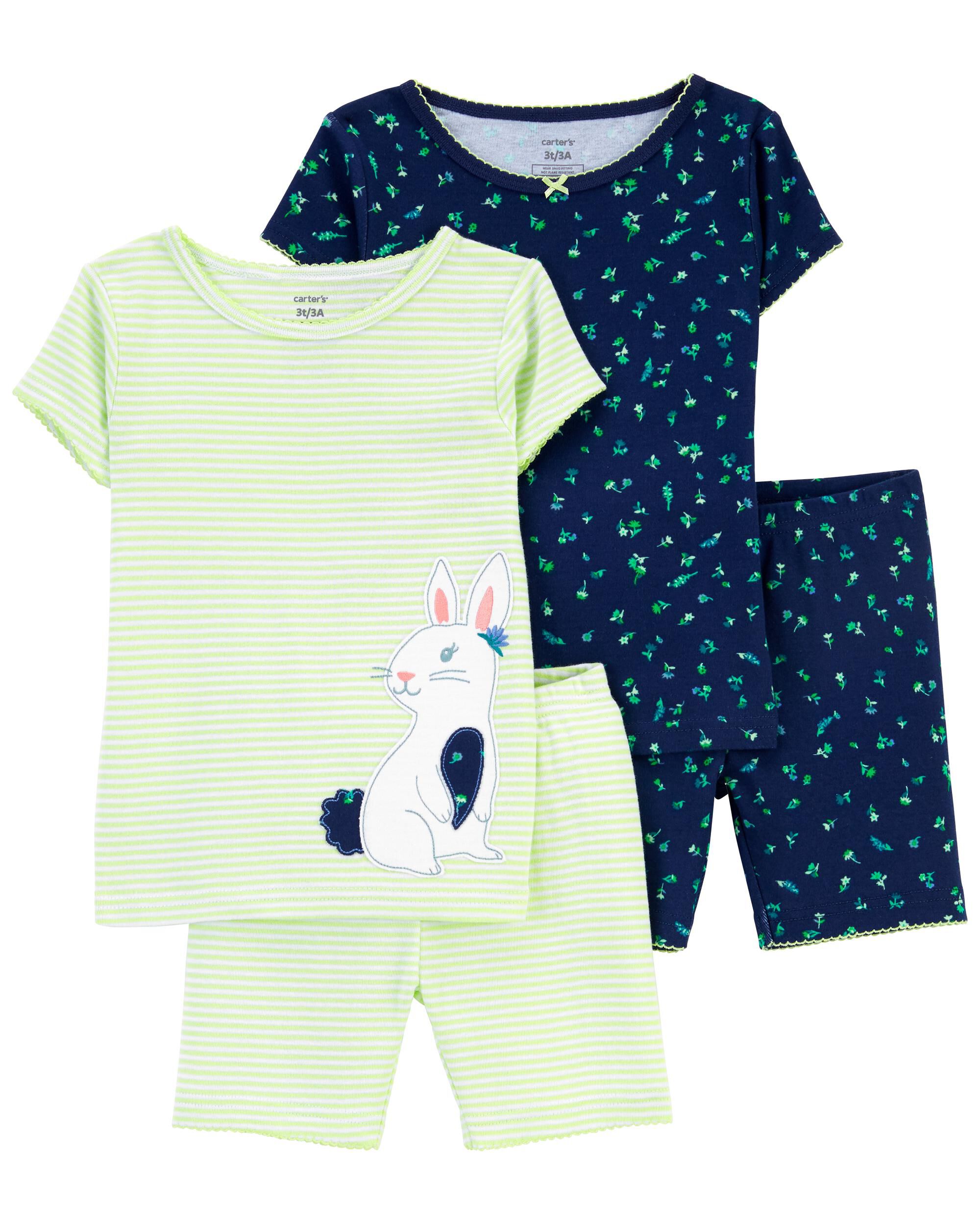 Baby Girl 2 Pack 4 Piece Green Bunny Pyjama Tops and Shorts Set