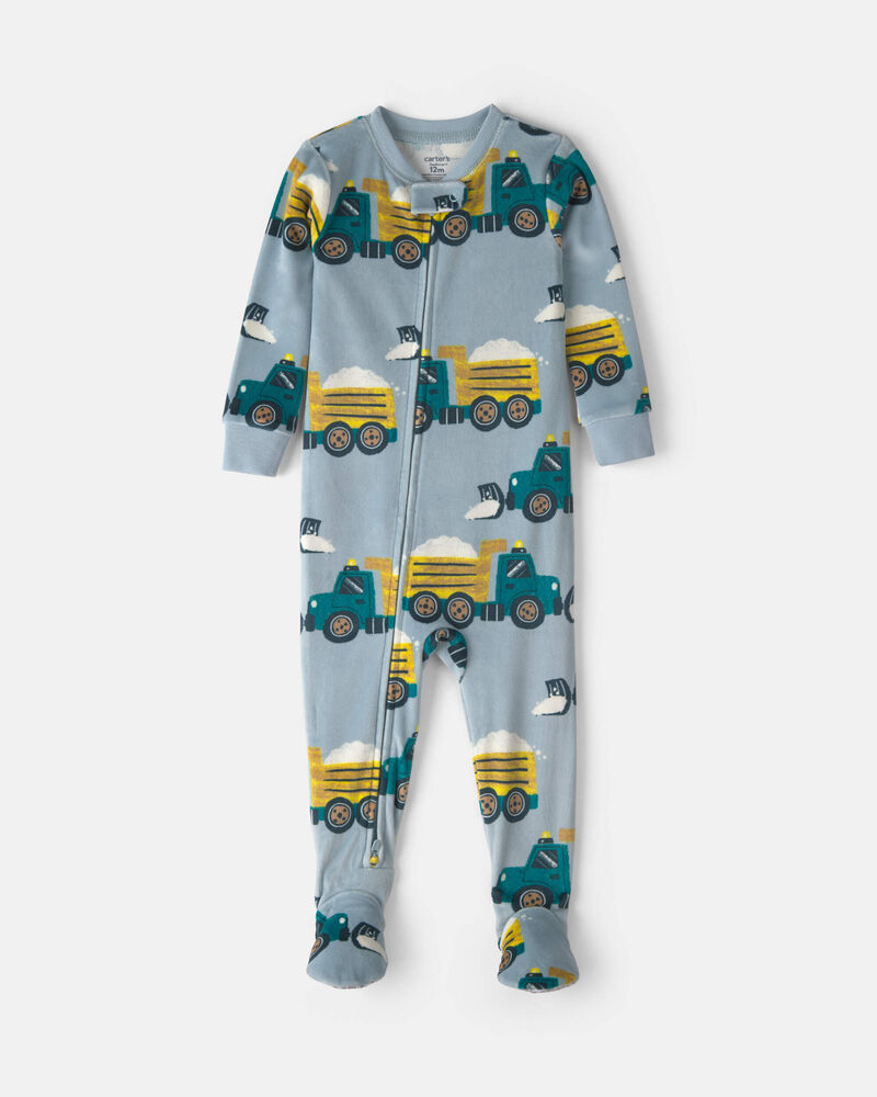 Baby Boy 1-Piece Snow Truck 2-Way Zip DreamPlush Snug Fit Footed Pyjama - Blue, image 1 of 5 slides
