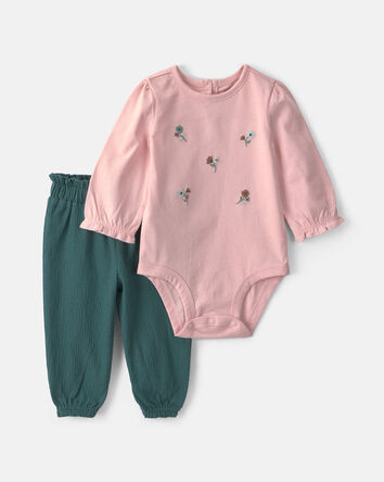B&eacute;b&eacute; fille - Ensemble 2 pi&egrave;ces cache-couches manches longues et pantalons &agrave; motif floral - Rose, 