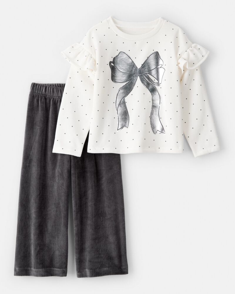 Toddler Girl DayDream Fleece Ruffle Sleeve Bow Top & Rib Pant Set, image 1 of 6 slides