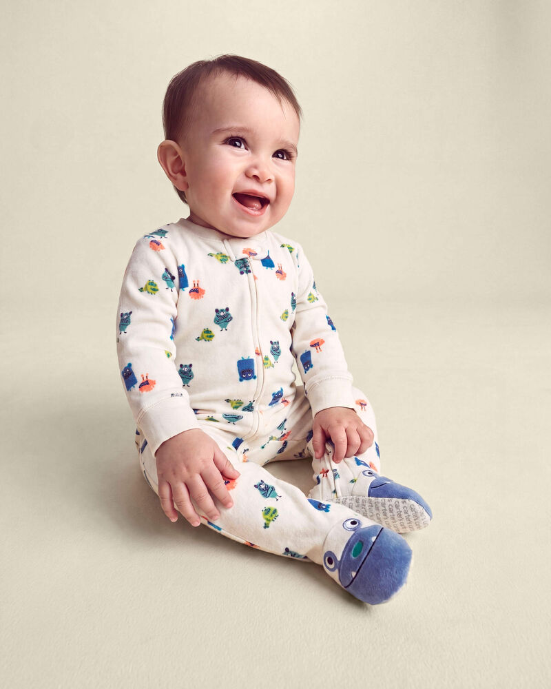 Baby Boy 1-Piece Monster 2-Way Zip DreamPlush Snug Fit Footed Pyjama - Cream, image 6 of 7 slides