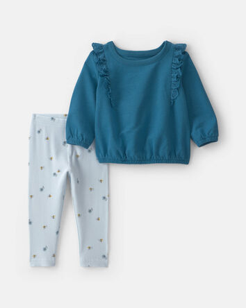 B&eacute;b&eacute; fille - Ensemble 2 pi&egrave;ces haut en jersey bouclette et pantalon &agrave; motif abeille - Bleu, 