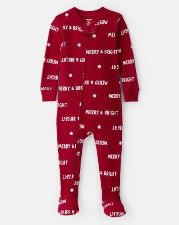Bébé - Pyjama une pièce en coton rouge à manches longues avec fermeture à glissière 2 sens et slogan « Merry & Bright » de Noël, 