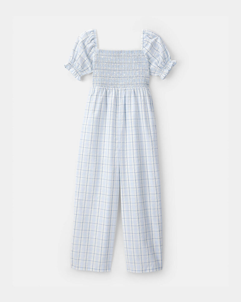 Girls Plaid Smocked Jumpsuit - Blue, image 1 of 3 slides
