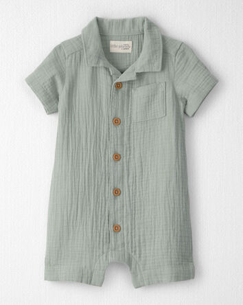 Baby Boy Organic Cotton Gauze Romper in Meadow Green, 
