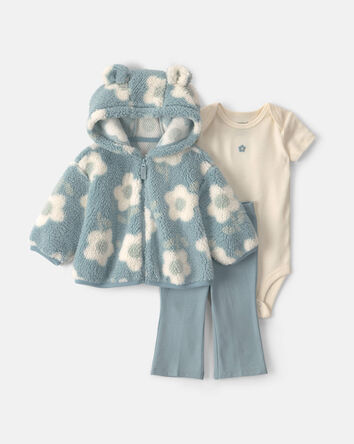 Baby Girl 3-Piece Floral Teddy Fleece Layering Set - Blue, 