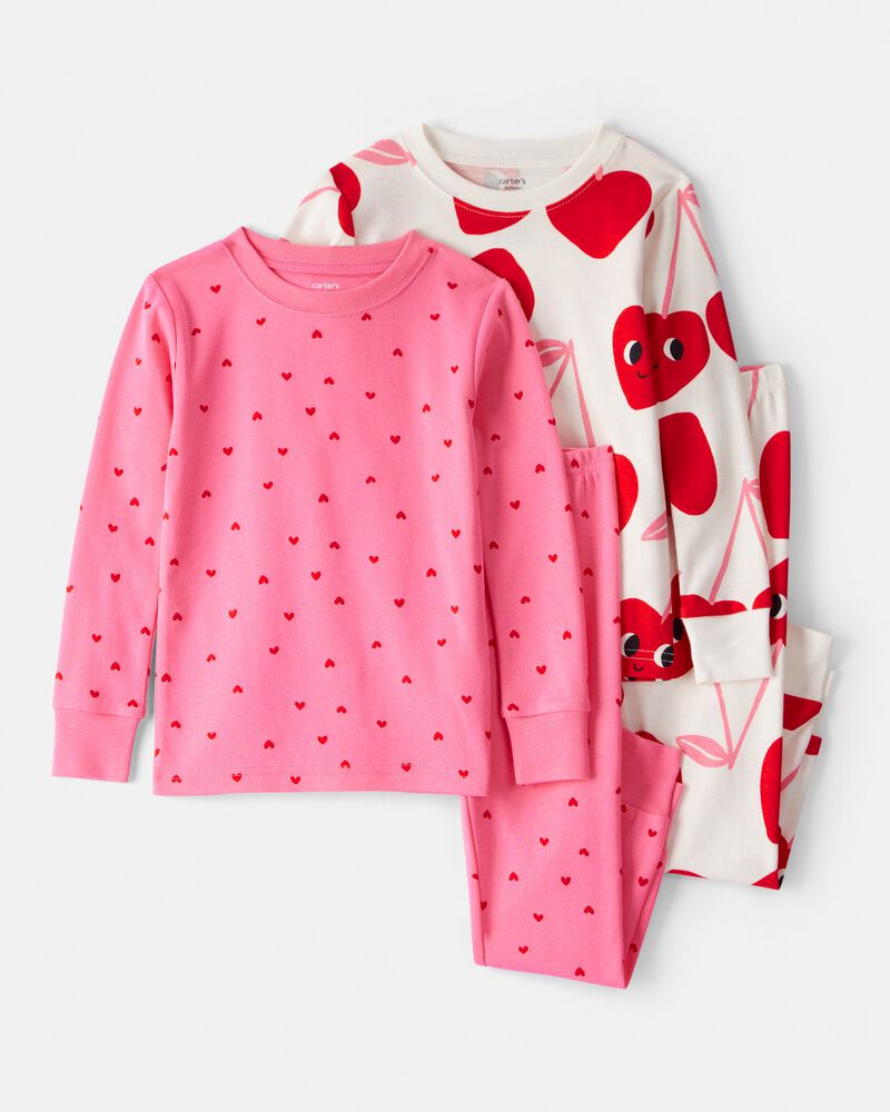 Toddler Girl Cherry & Heart 100% Cotton Snug Fit 4-Piece Pyjamas - Pink/White, image 1 of 4 slides