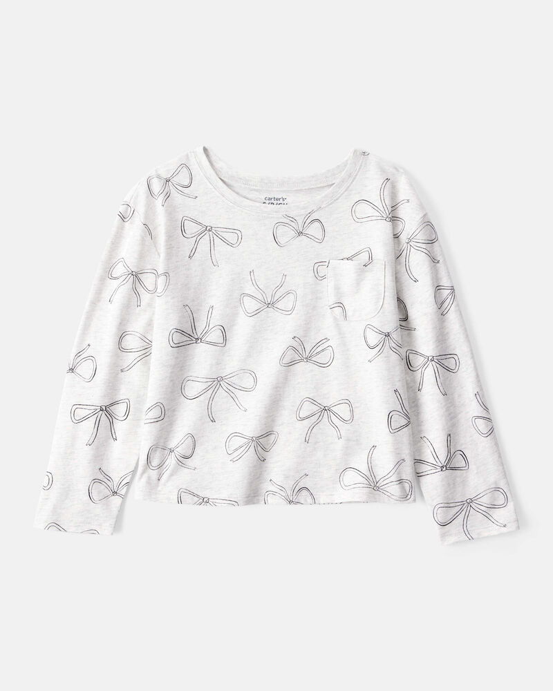 Girls Bow Print Long-Sleeve Top - Grey, image 1 of 3 slides