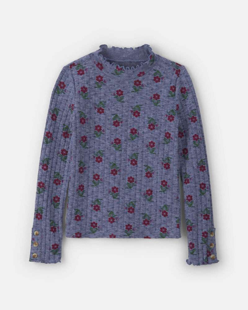 Girls Floral Long-Sleeve Turtleneck Top - Blue/Red, image 1 of 3 slides